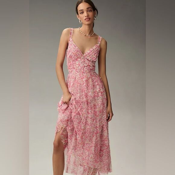 NWT $498 Anthropologie Mac Duggal Sleeveless V-Neck Mesh Midi Dress - Picture 3 of 12